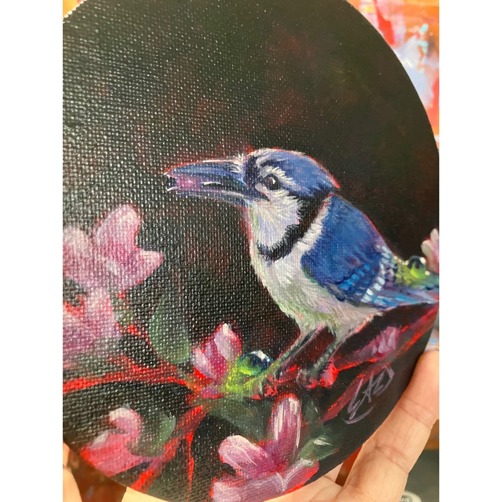 Original Blue Jay painting Friends Round Acrylic Bird Floral 2026 Artettina USA - Picture 6 of 8